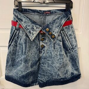Vintage 90s Blue Acid Wash Jean Shorts with Red Belt